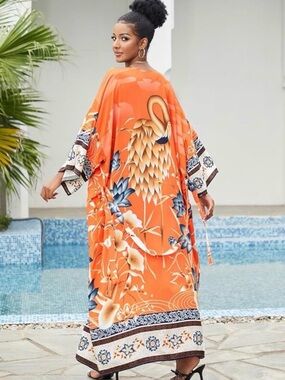 Vibrant Orange Crane Swim Coverup Kaftan with Blue Lotus